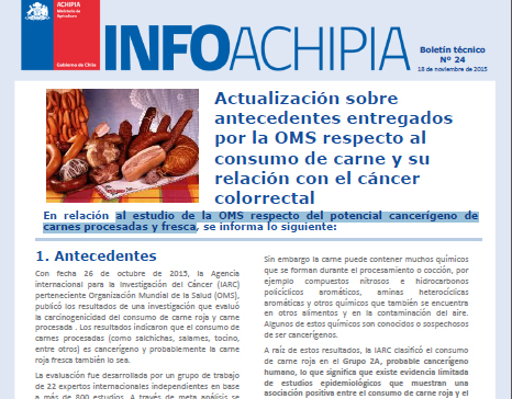 Actualización sobre Antecedentes Entregados por la OMS Respecto al Consumo de Carne y su Relación con el Cáncer Colorrectal