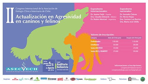Colmevet Sortea 2 Becas para el I Congreso Internacional de la Asociación de Etología Clínica Veterinaria de Chile: 